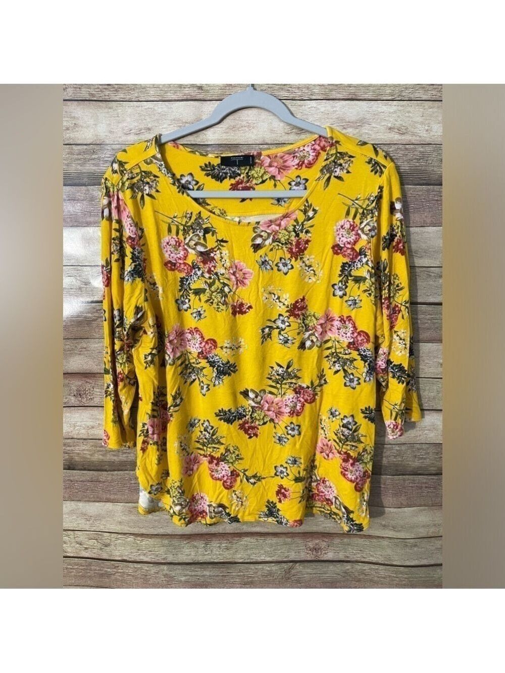 T TAHARI Women’s Floral Soft Stretch Yellow Blouse Top Shirt Plus Size 1X